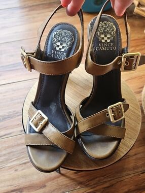 Vince Camuto Olive Leather Buckle Strap Heeled Sandals